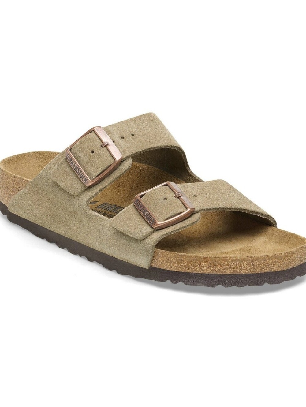 Birkenstock Arizona Suede Two-Strap Sandal in Taupe with Rose Gold Buckles Sz 37